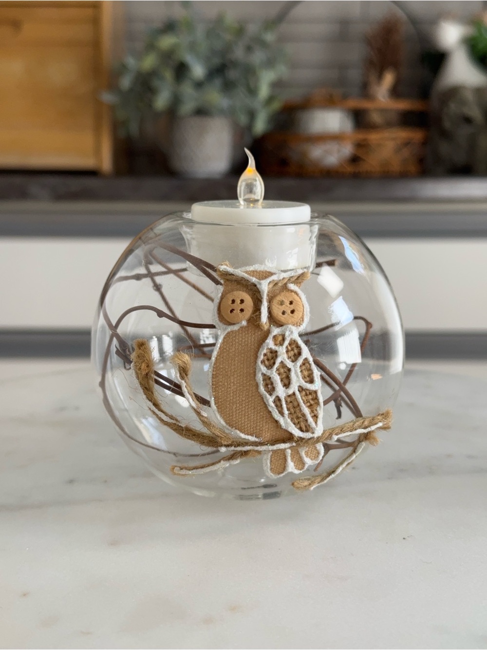 Rustic Owl Glass Tealight Candle Holder Vase Decor
